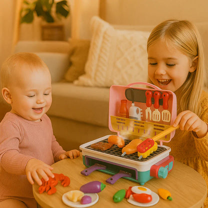 BBQ-grillikomplekt – lastemõõdus mänguköök suitsuefekti ja värvi muutva „toiduga“.