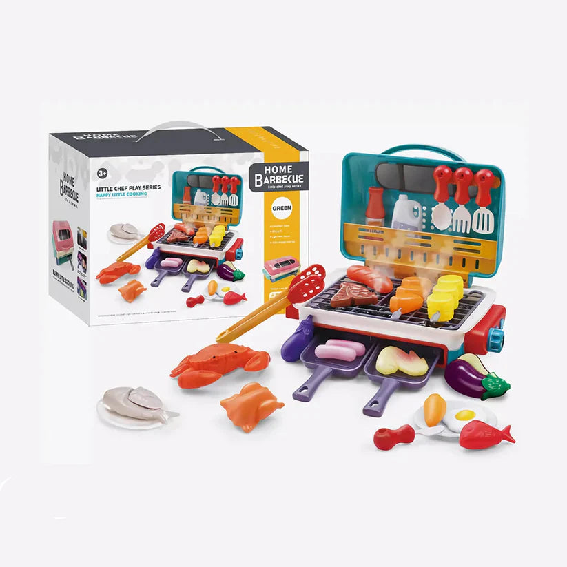 BBQ-grillikomplekt – lastemõõdus mänguköök suitsuefekti ja värvi muutva „toiduga“.